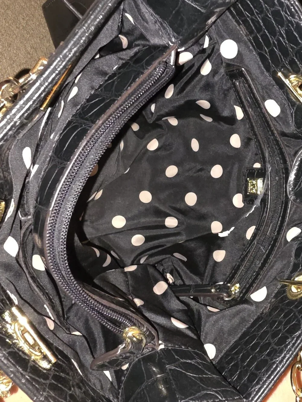 Anne Klein Black Faux Croc-Embossed Tote with Gold Hardware Charm